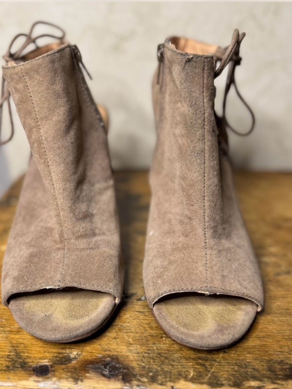 XOXO Taupe Suede Open-Toe Lace-Back Mules